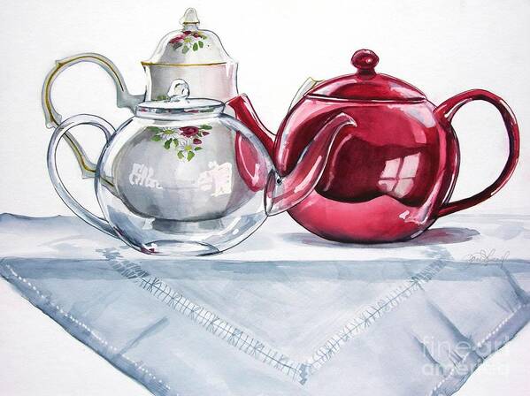 Teapots Art Print featuring the painting We Three Teapots by Jane Loveall