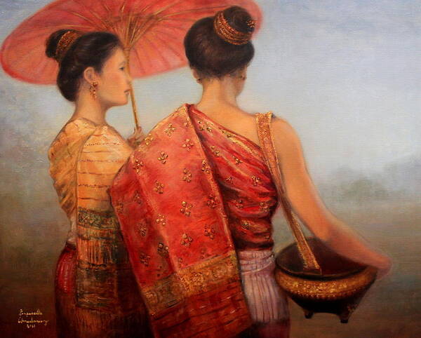 Laos Art Print featuring the painting Viengchan and Luang Prabang by Sompaseuth Chounlamany