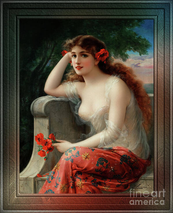 Girl With A Poppy Art Print featuring the painting Girl with a Poppy by Emile Vernon Vintage Fine Art Xzendor7 Old Masters Reproductions by Rolando Burbon
