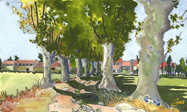 French Countryside Landscape  Art Print featuring the painting Allee de La Ferme, Maussane-Les-Alpilles by Joan Cordell