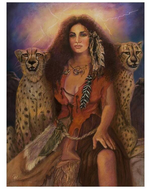 Lynx Cats Storm Lightening Beautiful Enchantress Of The Dark Forrest. Pastel Painting On Paper Indian Woman In Leather Clothing. Fantasy Pastel Painting Realistic Pastel Painting Enchantress Woman Chettahs Wild Cats Lighting Leather Clothing Art Print featuring the pastel Enchantress Of The Forrest by Pamela Mccabe