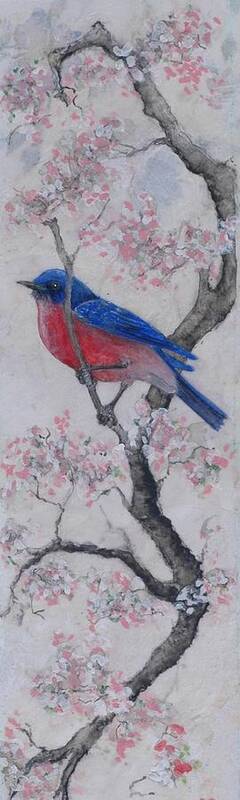 Bluebird Art Print featuring the painting Bluebird in Cherry Blossoms by Sandy Clift