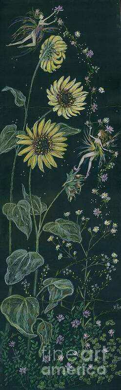 Sunflowers Art Print featuring the drawing Ditchweed Fairy Sunflowers by Dawn Fairies