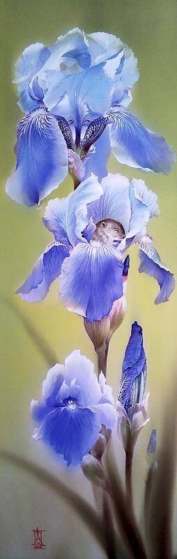 Russian Artists New Wave Art Print featuring the painting Blue Irises with Sleeping Baby Mouse by Alina Oseeva