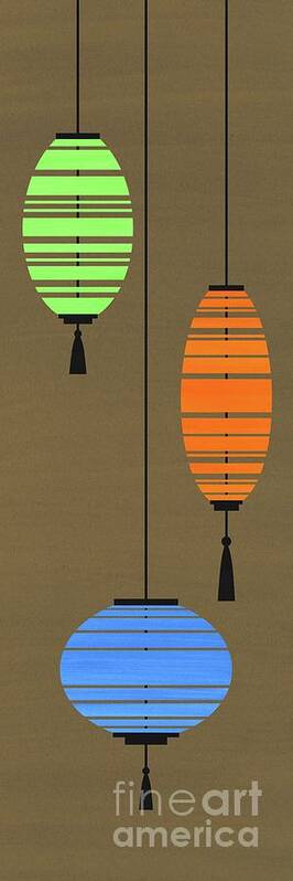 China Art Print featuring the mixed media Chinese Paper Lanterns Orange Blue Green by Donna Mibus