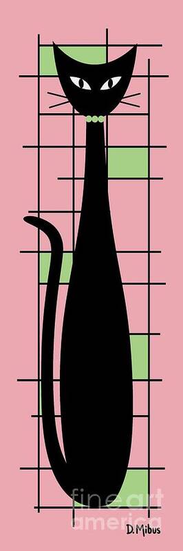 Mid Century Modern Cat Art Print featuring the digital art Tall Mondrian Cat on Pink by Donna Mibus