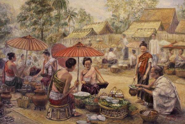 Luang Prabang Art Print featuring the painting Festive Marketplace by Sompaseuth Chounlamany