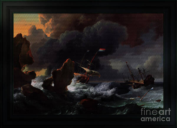 Ships In Distress Off A Rocky Coast Art Print featuring the painting Ships In Distress Off A Rocky Coast by Ludolf Bakhuizen Classical Art Reproduction by Rolando Burbon