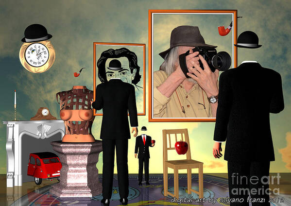 Surrealism Art Print featuring the digital art Magritte regarde Dali...E moi by Silvano Franzi