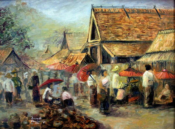Laos Art Print featuring the painting Marketplace in Luang Prabang by Sompaseuth Chounlamany