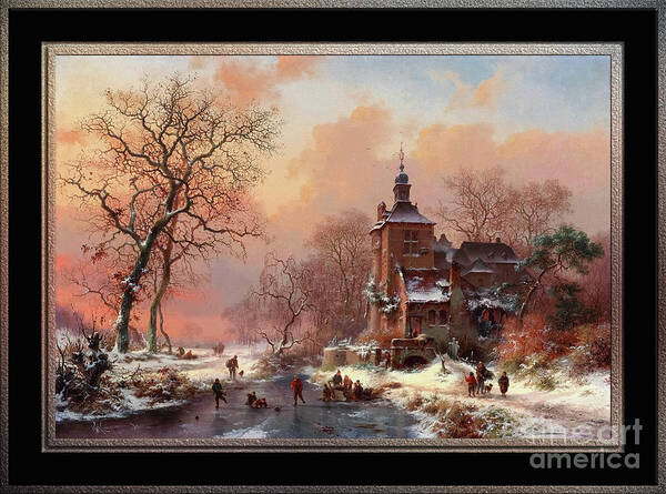 Winter Landscape Art Print featuring the painting Winter Landscape with Skaters on a Frozen River by Frederik Marinus Kruseman Classical Art Reproduct by Rolando Burbon