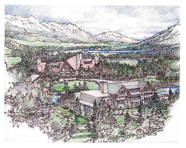 Mountain Lodge Architecture Art Print featuring the drawing Lodge by Andrew Drozdowicz