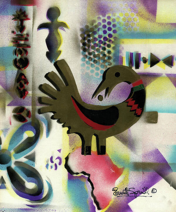 Everett Spruill Art Print featuring the painting Afro - Aesthetic - K - Sankofa Bird and Adinkra symbol for Abundance by Everett Spruill