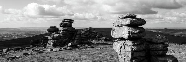 Devon Art Print featuring the photograph Great Staple Tor Dartmoor National Park England Panorama Black And White by Sonny Ryse
