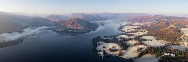 Panorama Art Print featuring the photograph Ullswater lake sunrise aerial lake district by Sonny Ryse