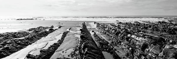 Coast Art Print featuring the photograph Welcombe Mouth beach North Devon South West Coast Path black and white by Sonny Ryse
