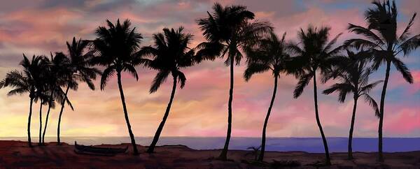 Hawaiian Sunset Art Print featuring the painting Palm Tree Sunset with Canoe by Stephen Jorgensen
