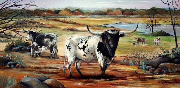 Longhorn Bull Texas Western Cattle Landscape Animal Oil Painting Pasture Oklahoma Northeast Texas Land  Art Print featuring the painting Longhorn Land by Cynara Shelton