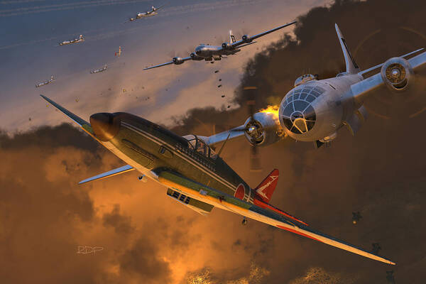 Japanese Art Print featuring the digital art Ki-61 Hien-Tony vs. B-29s by Robert D Perry