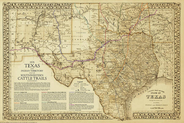 Cattle Trails Map Art Print featuring the digital art 1876 Great Texas and Southwestern Cattle Trails Map by Texas Map Store
