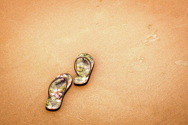 Beach Life Art Print featuring the photograph Flip-Flops On The Sand. by Jeff Sinon