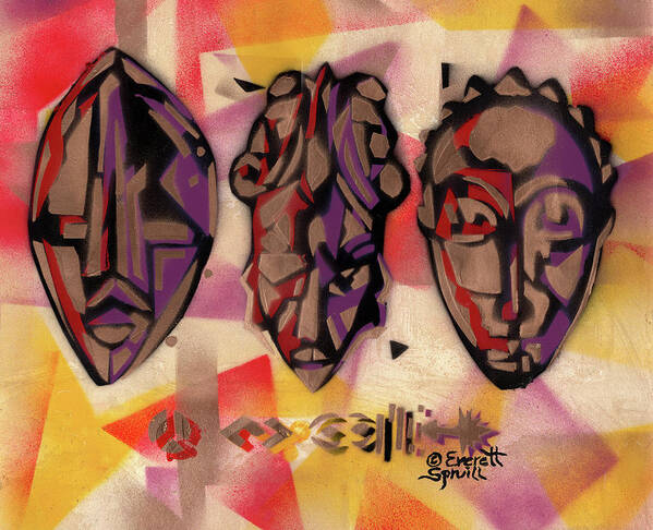 African Mask Art Print featuring the mixed media Three African Masks by Everett Spruill