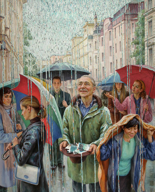 City Scape Art Print featuring the painting Rain of money by Serguei Zlenko