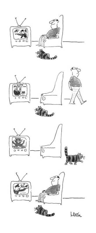 (cat And Man Are Watching Television Art Print featuring the drawing New Yorker August 9th, 1976 by Arnie Levin