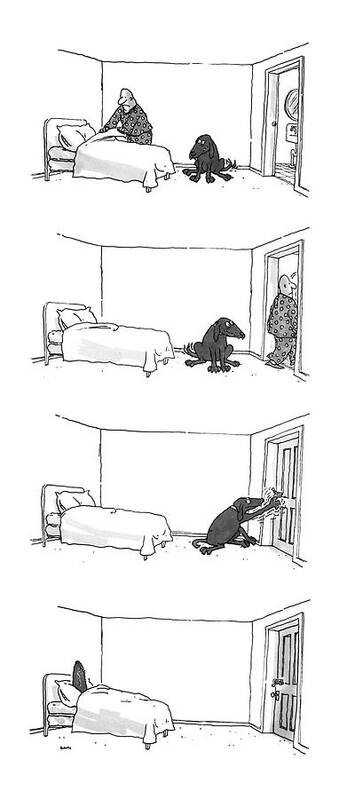 No Caption
Four-picture Series. Man Makes Bed Art Print featuring the drawing New Yorker May 30th, 1988 by George Booth