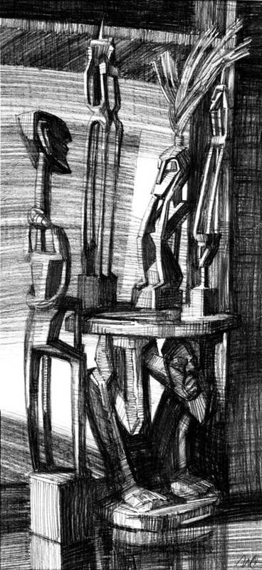 Igor Sakurov Art Print featuring the drawing African Statues by Igor Sakurov