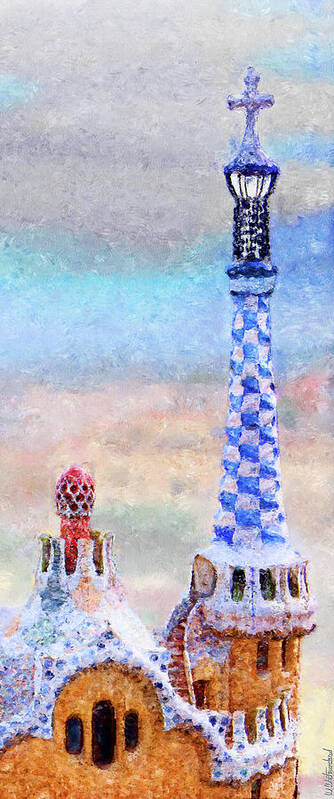 Park Guell Art Print featuring the photograph Park Guell tower painting- Gaudi by Weston Westmoreland