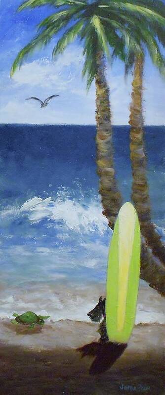 Palm Art Print featuring the painting Tropical Surfboard by Jamie Frier
