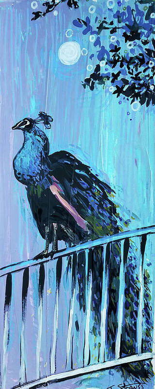 Bird Art Print featuring the painting Peacock on a fence by Tilly Strauss