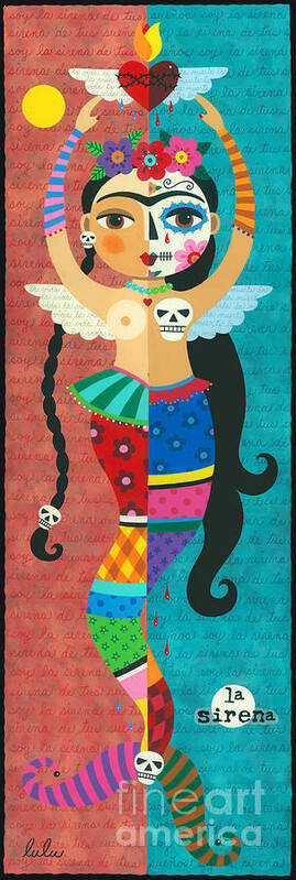 Frida Art Print featuring the painting Frida Kahlo Mermaid Angel with Flaming Heart by Andree Chevrier