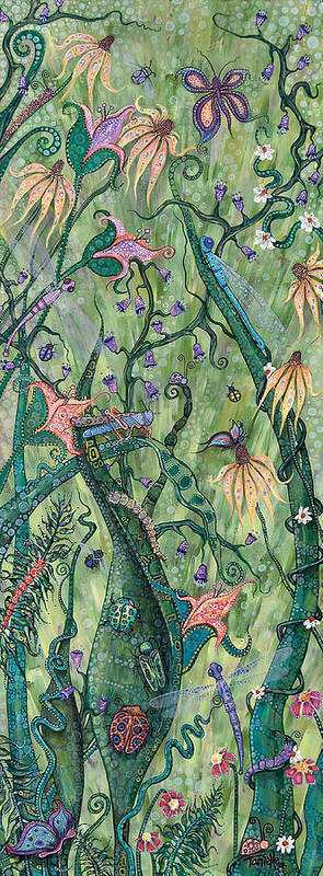 Flowers And Butterflies And Dragonflies On Green Background Art Print featuring the painting Serendipity by Tanielle Childers
