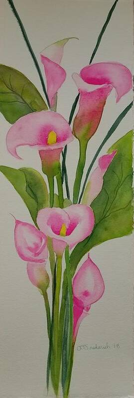 Bouquet Of Lillies Art Print featuring the painting Pink Calla Lillies by Ann Frederick
