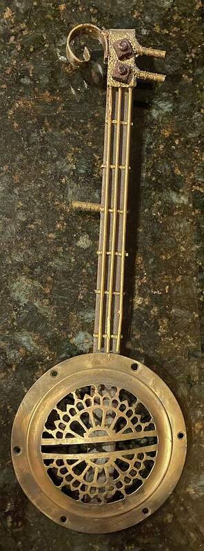 Upcycled Metal Banjo Sculpture Art Print featuring the sculpture Banjo by Mike Coyne
