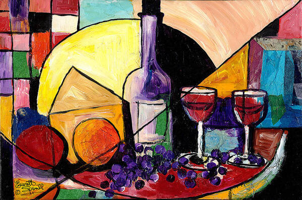Everett Spruill Art Print featuring the painting Wine Fruit and Cheese for two by Everett Spruill