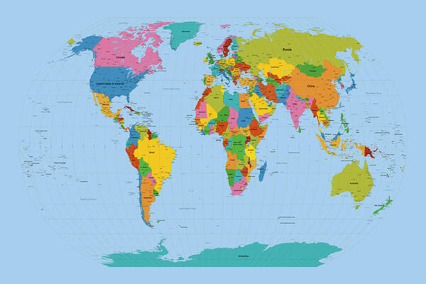 Map Of The World Art Print featuring the digital art World Map Bright by Michael Tompsett