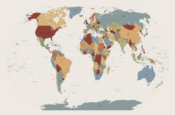 Map Of The World Art Print featuring the digital art World Map Muted Colors by Michael Tompsett