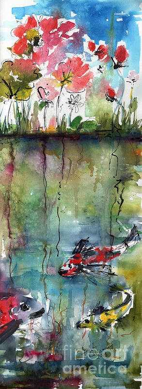 Koi.fish Art Print featuring the painting Koi Fish Pond Expressive Watercolor and Ink by Ginette Callaway