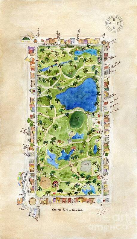 Central Park Art Print featuring the painting Central Park and all that Surrounds It by AFineLyne