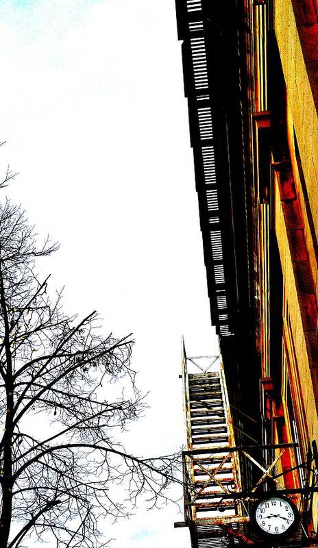 Alley Art Print featuring the photograph Fire Escape and Clock - Ontario - Canada by Jeremy Hall