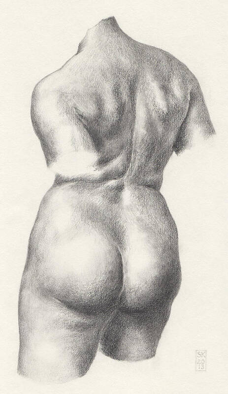 Female Nude Art Print featuring the drawing Graphite Drawing of Bronze-Torso Maillol Sculpture Chained Action by Scott Kirkman