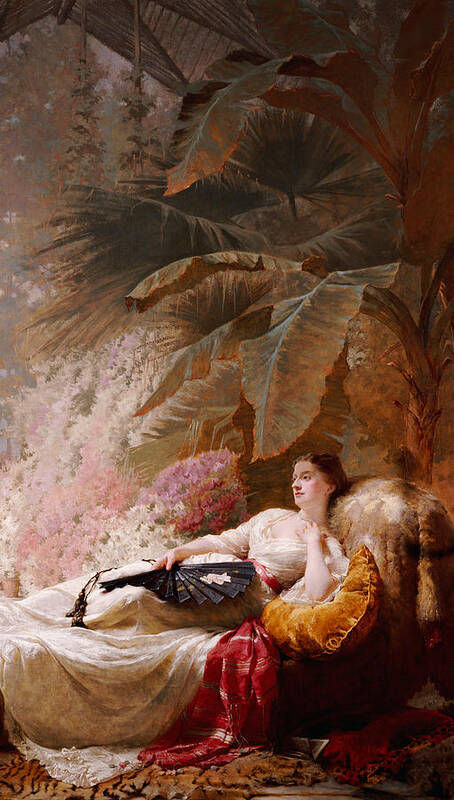 Female Art Print featuring the painting Portrait of Adelaide Maria Guiness reclining on a sofa in a conservatory by George Elgar Hicks