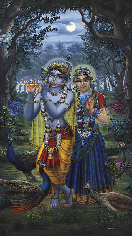 Krishna Art Print featuring the painting Radha and Krishna on full moon by Vrindavan Das