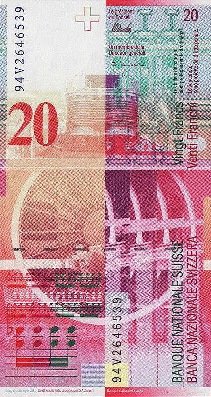 'paper Currency' By Serge Averbukh Art Print featuring the digital art 20 Swiss Franc Bill by Serge Averbukh