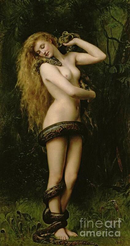 Nude; Female; Snake; Long Hair; Pre-raphaelite; Lilith Art Print featuring the painting Lilith by John Collier