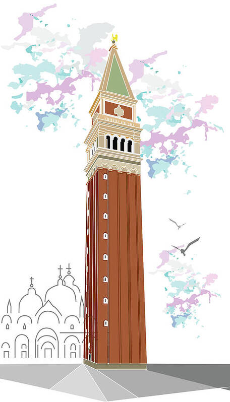 Tower Of Campanile In Venice By Marina Usmanskaya Art Print featuring the digital art Tower of Campanile in Venice by Marina Usmanskaya