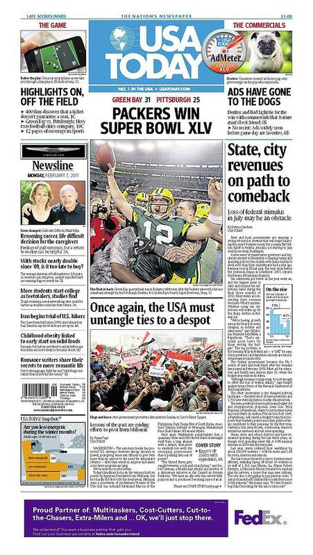 Usa Today Art Print featuring the digital art 2011 Packers vs. Steelers USA TODAY COVER by Gannett